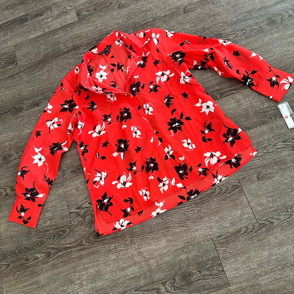 NWT Red Floral Button Up Blouse